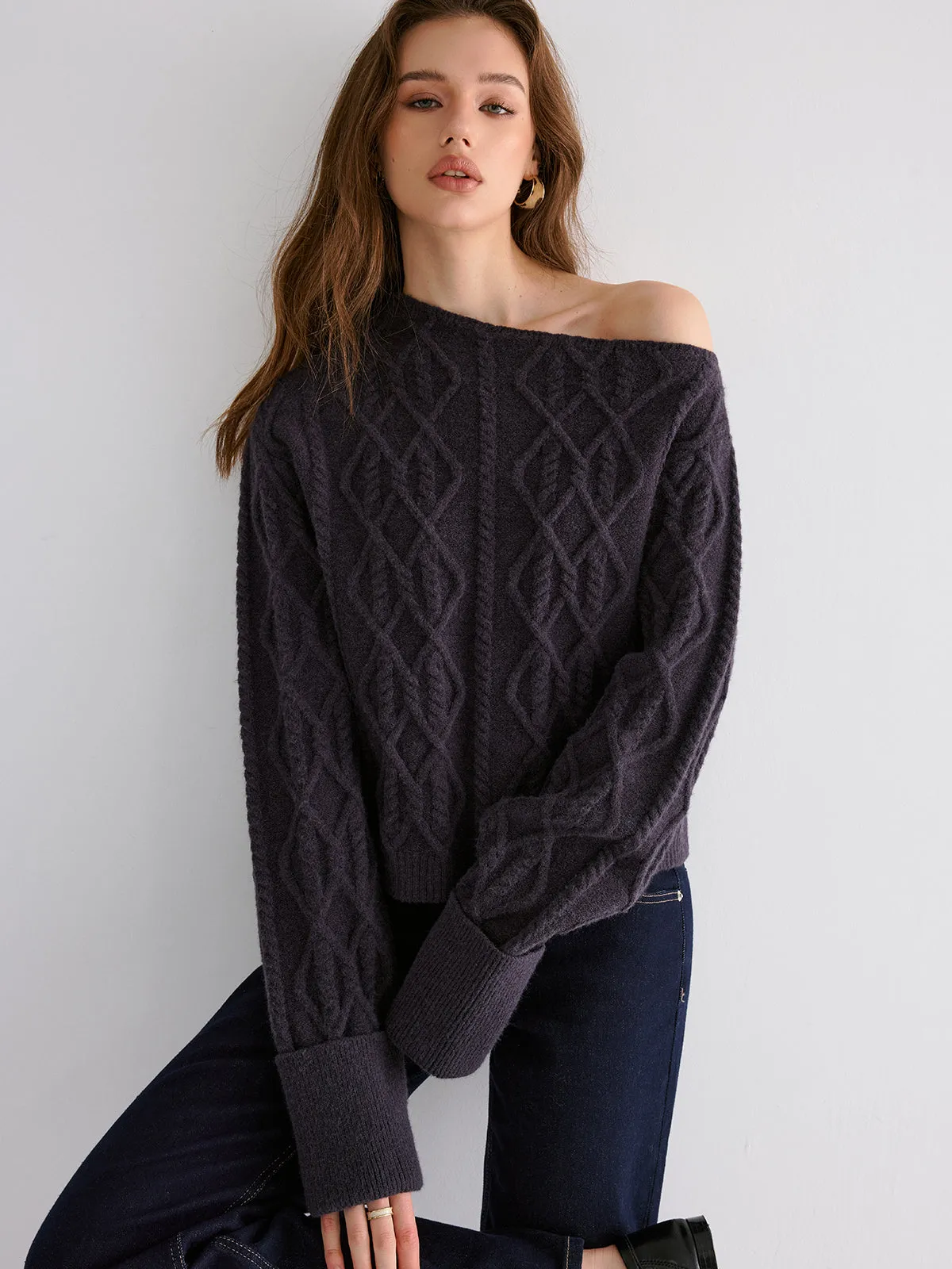 Cable Knit Off-shoulder Sweater sold by COMMENSE product image thumbnail 5