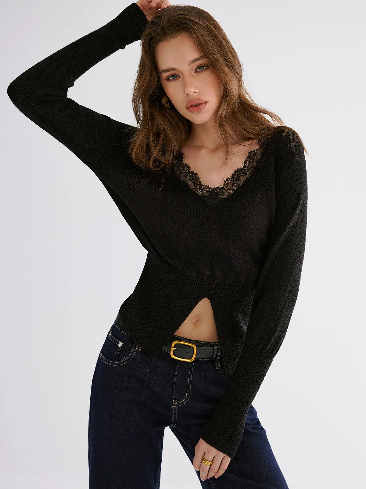 Lace Trim V-Neck Knit Top sold by COMMENSE product image thumbnail 4