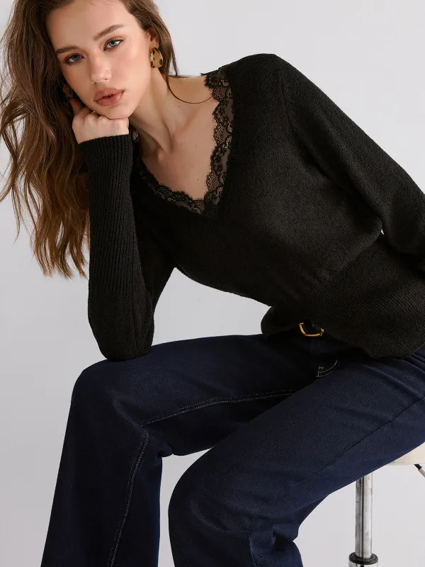 Lace Trim V-Neck Knit Top sold by COMMENSE