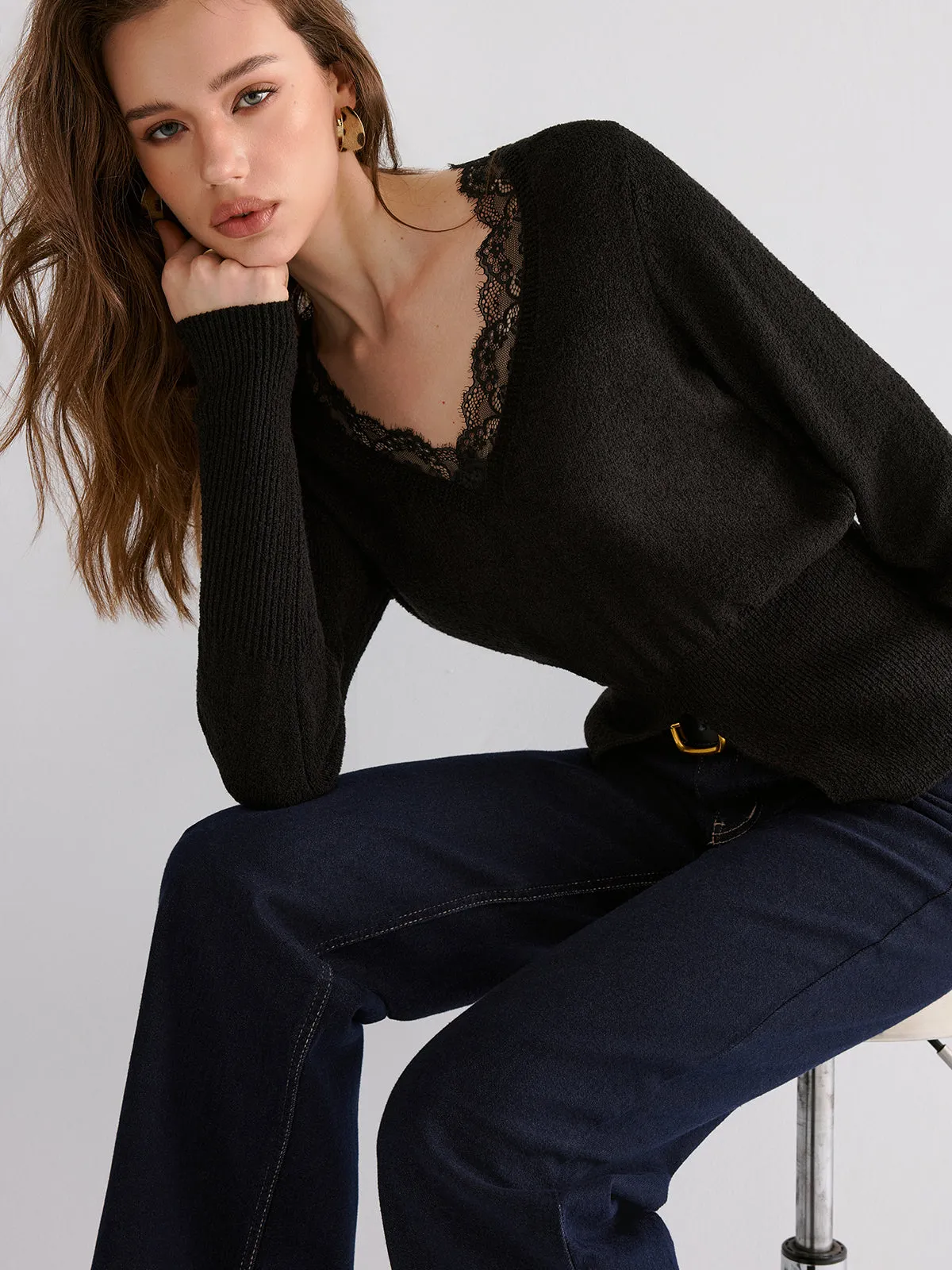 Lace Trim V-Neck Knit Top sold by COMMENSE