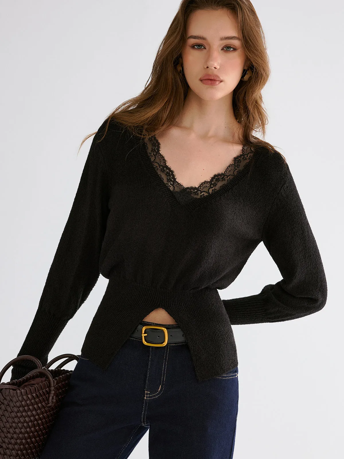 Lace Trim V-Neck Knit Top sold by COMMENSE product image thumbnail 5