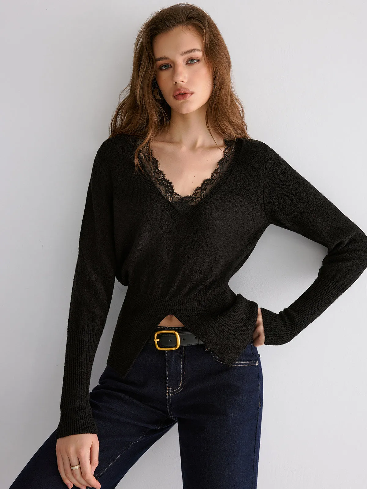 Lace Trim V-Neck Knit Top sold by COMMENSE product image thumbnail 2