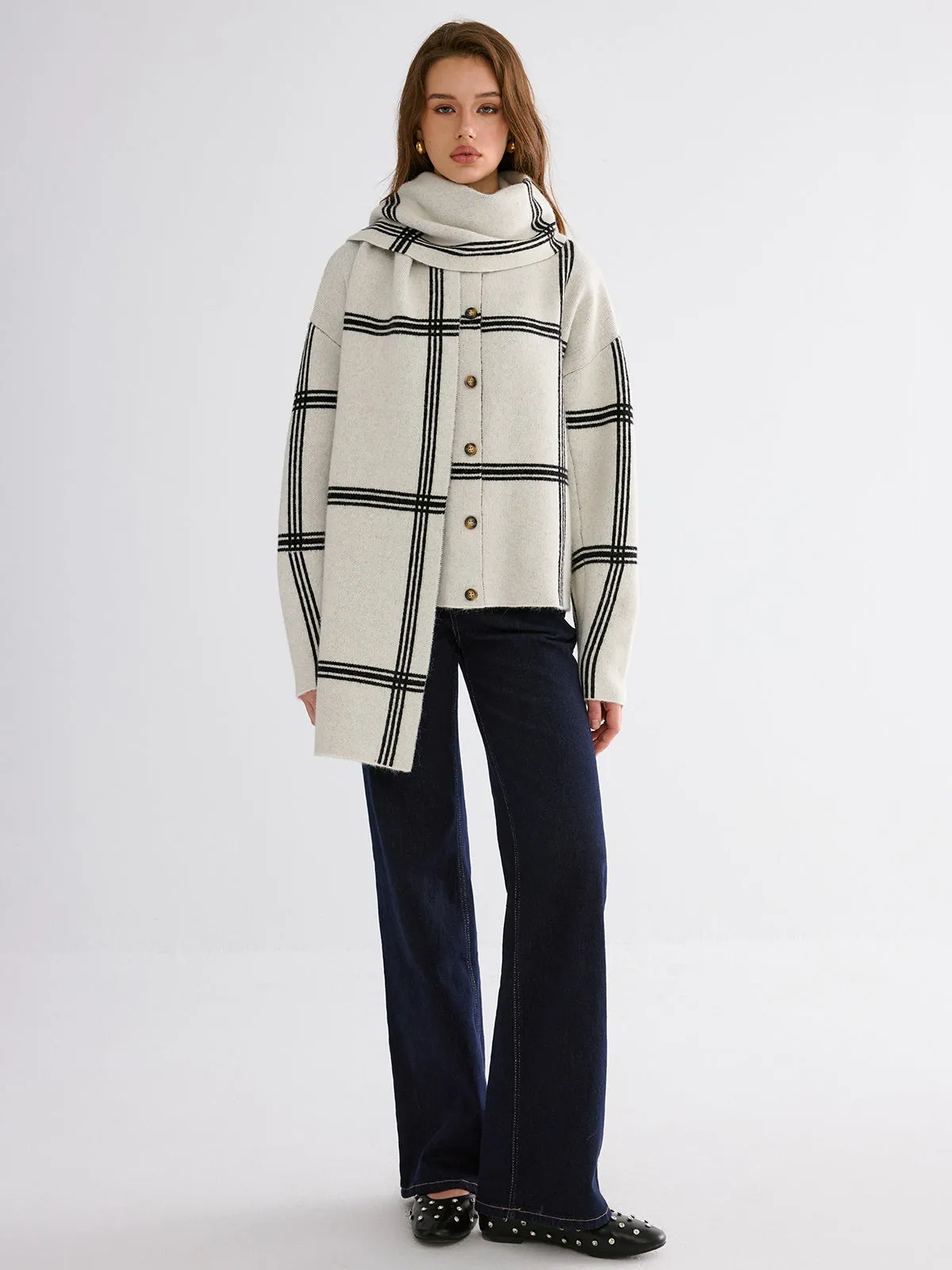 Wrap Scarf Check Print Cardigan sold by COMMENSE product image thumbnail 5