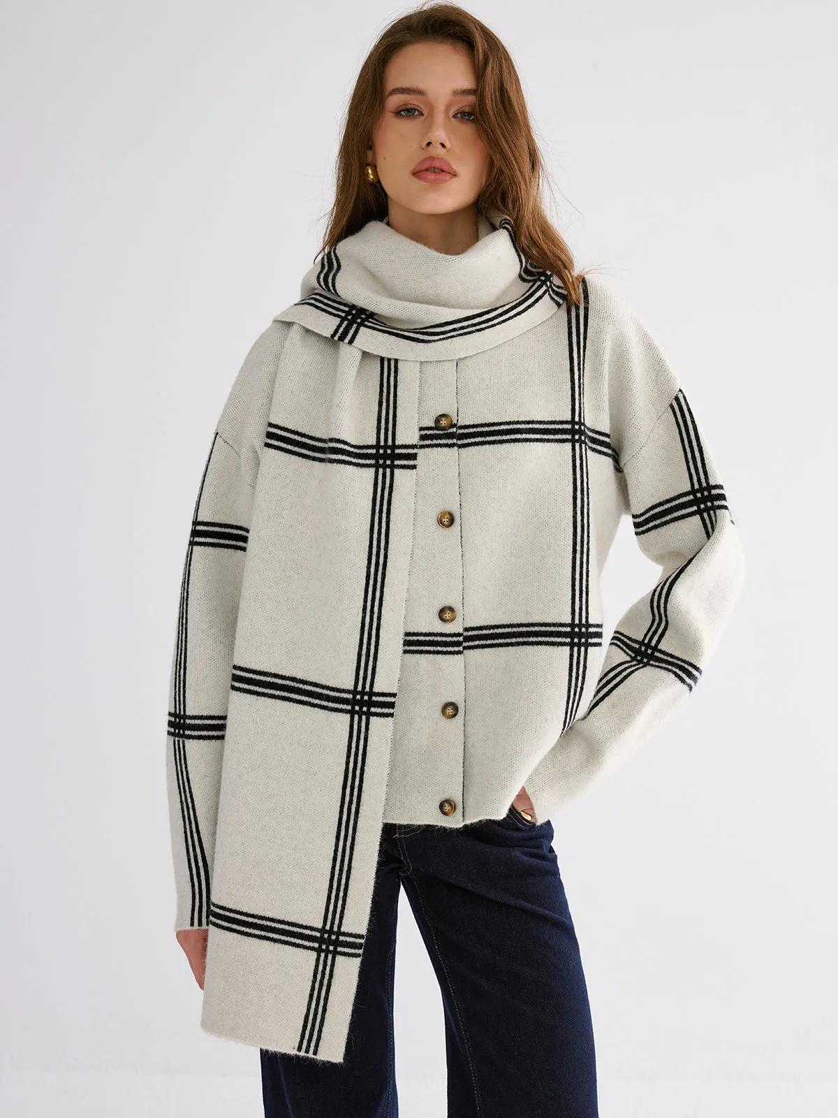 Wrap Scarf Check Print Cardigan sold by COMMENSE product image thumbnail 2