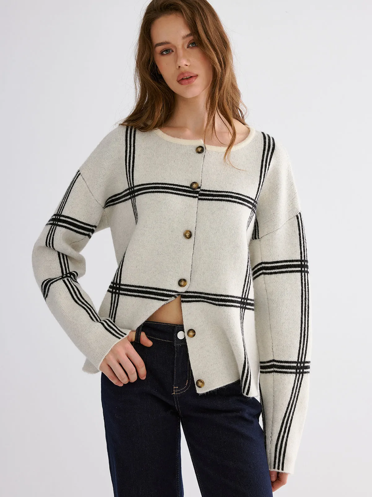 Wrap Scarf Check Print Cardigan sold by COMMENSE product image thumbnail 4