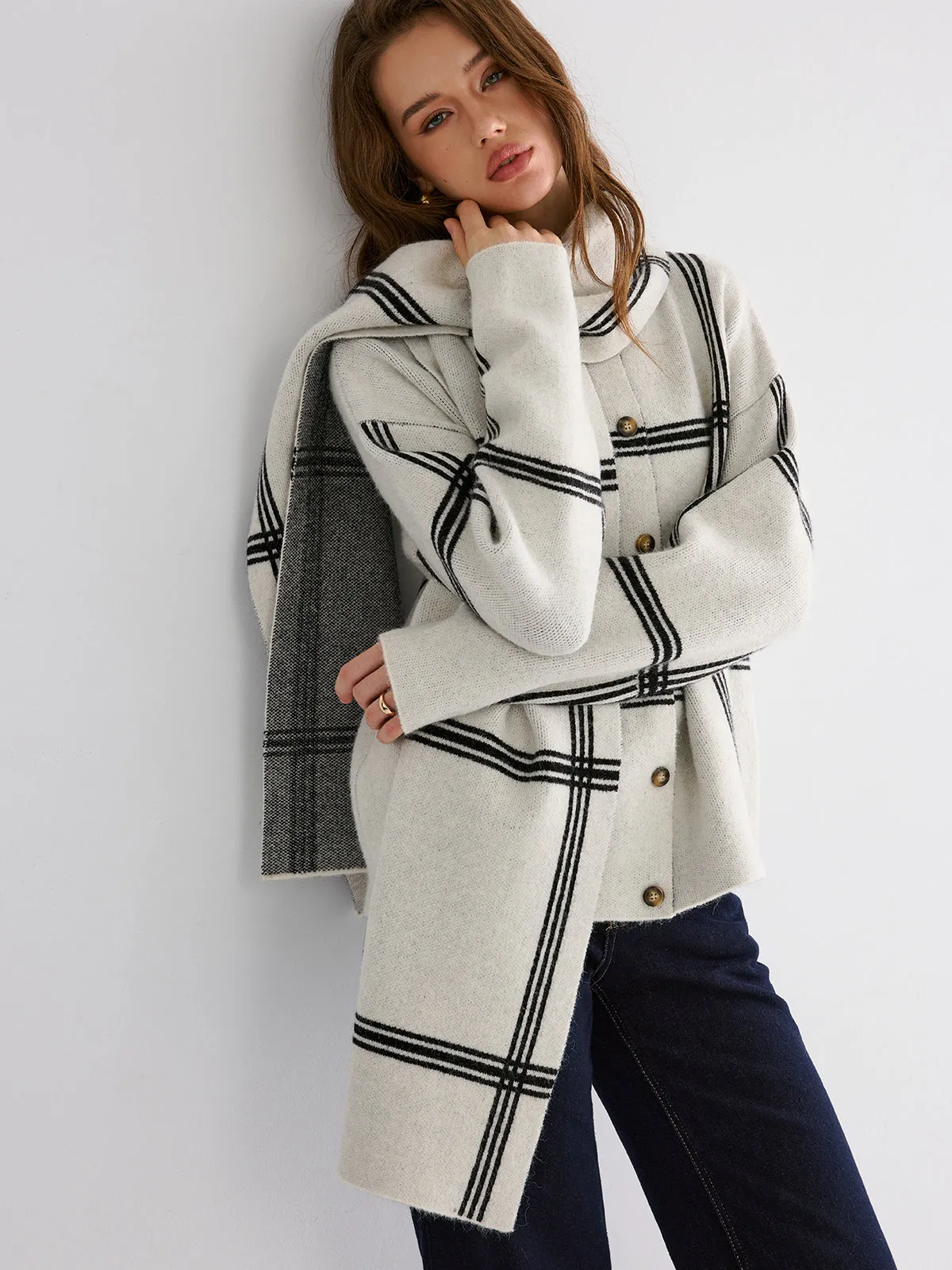 Wrap Scarf Check Print Cardigan sold by COMMENSE