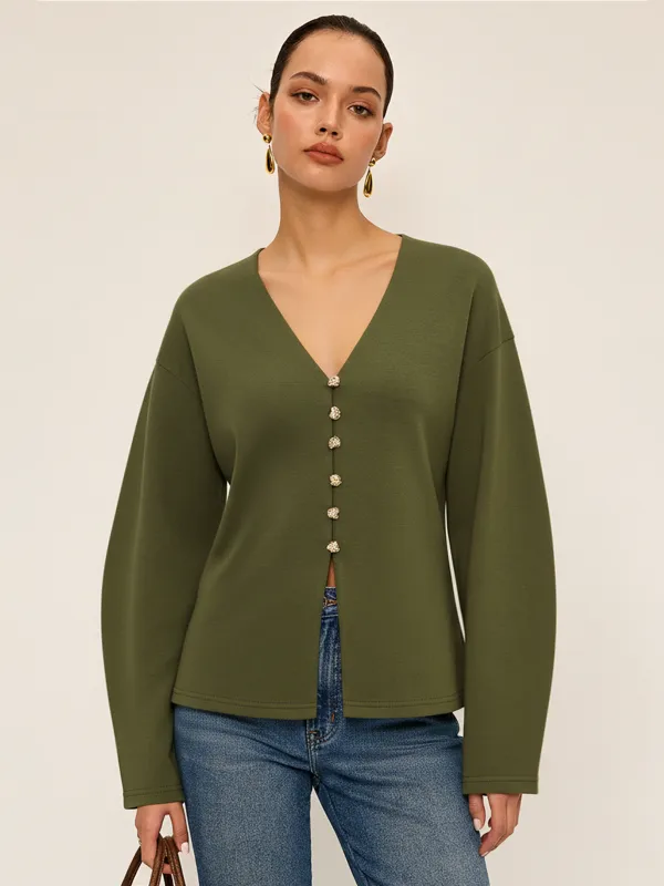 V-neck Longline Fitted Waist Cardigan sold by COMMENSE