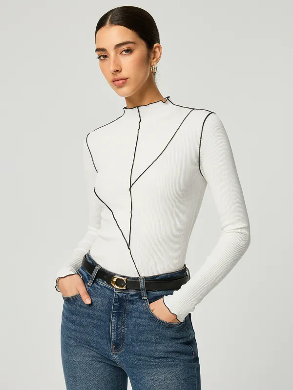 Contrast Stitch Round Neck Long-sleeve Top sold by COMMENSE