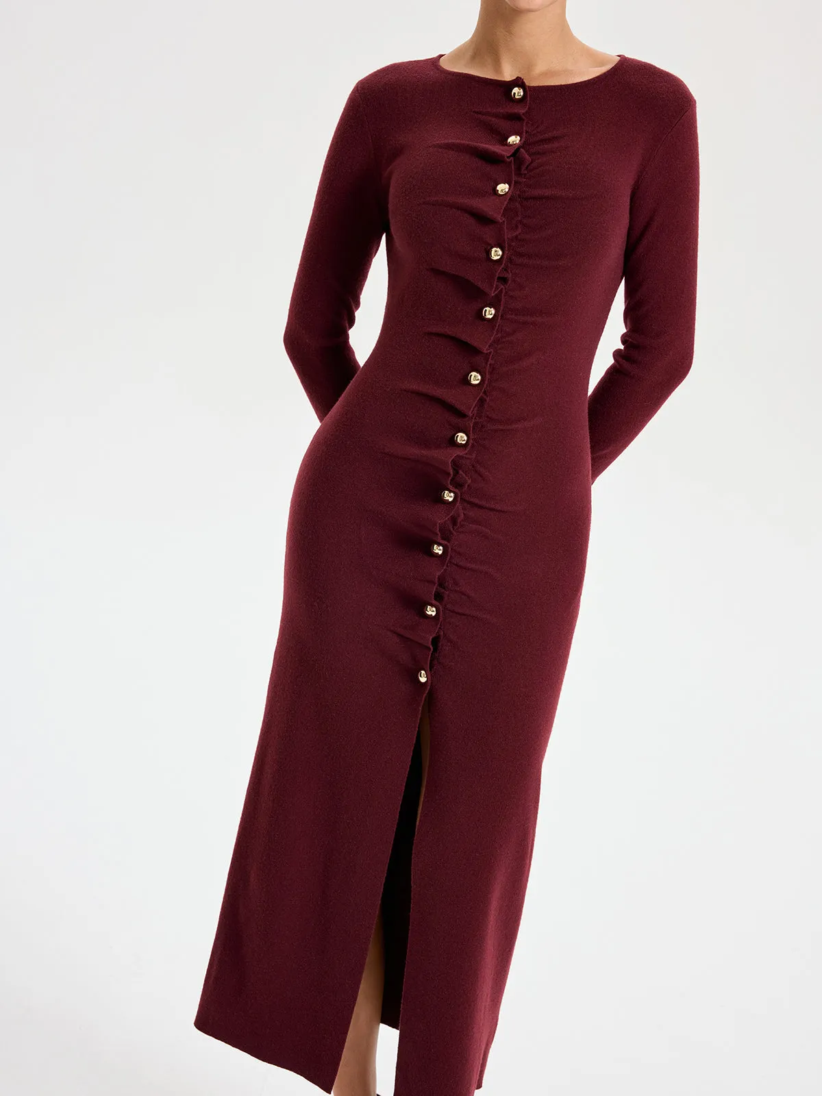Elegant Long Sleeve Wide Neck Button Front Knit Dress sold by COMMENSE product image thumbnail 5