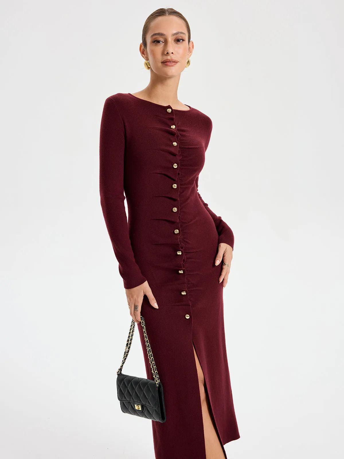 Elegant Long Sleeve Wide Neck Button Front Knit Dress sold by COMMENSE product image thumbnail 2