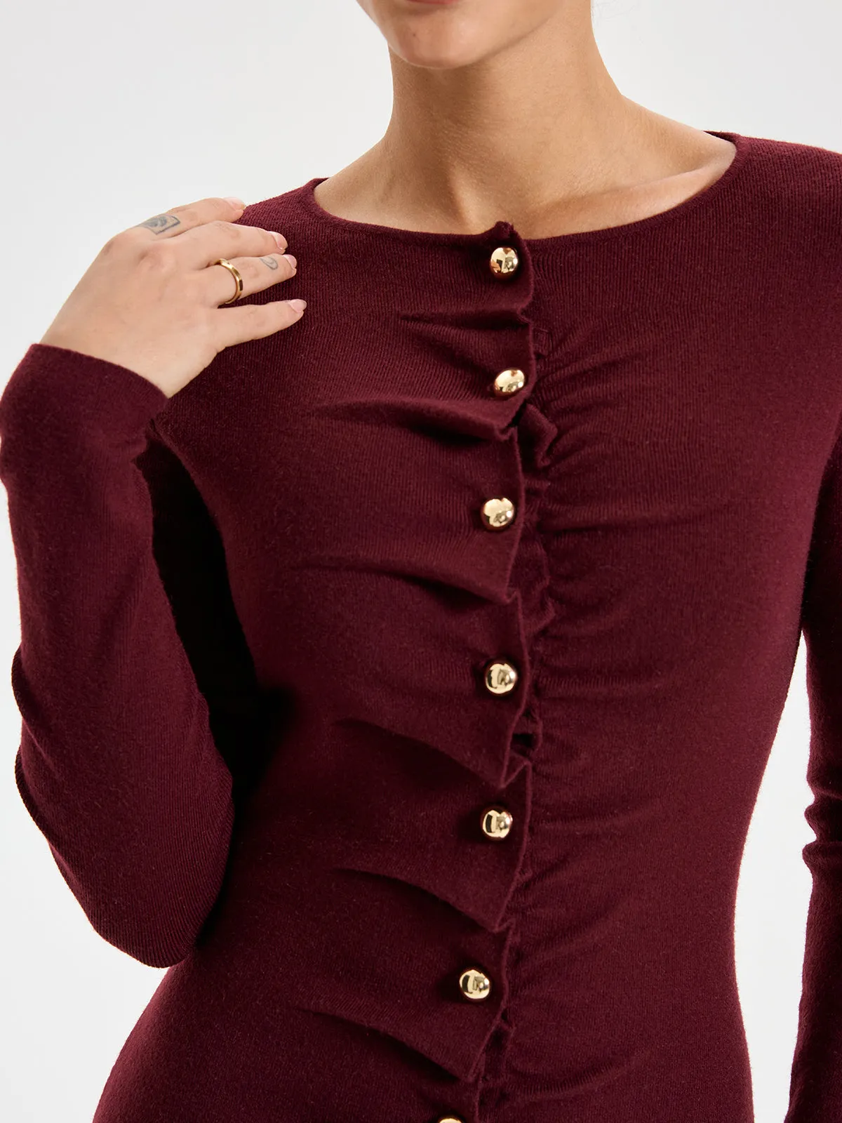 Elegant Long Sleeve Wide Neck Button Front Knit Dress sold by COMMENSE product image thumbnail 3