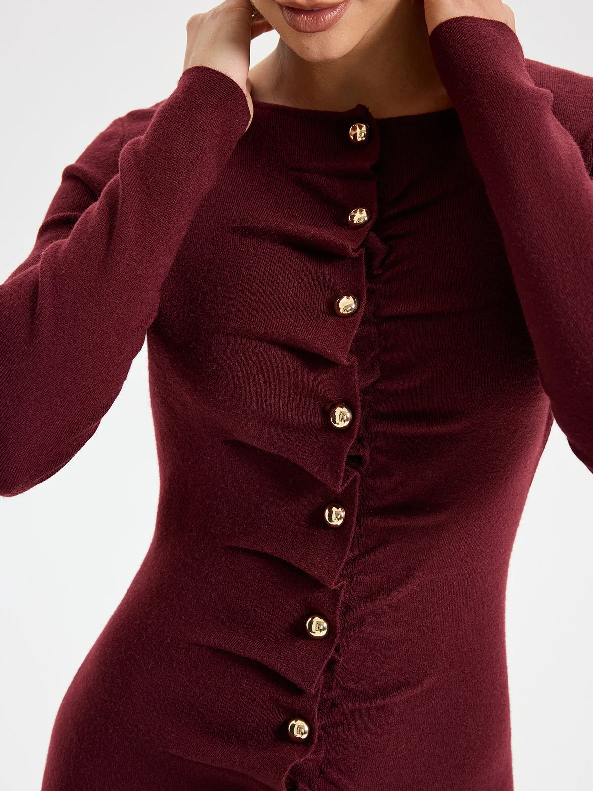 Elegant Long Sleeve Wide Neck Button Front Knit Dress sold by COMMENSE product image thumbnail 4