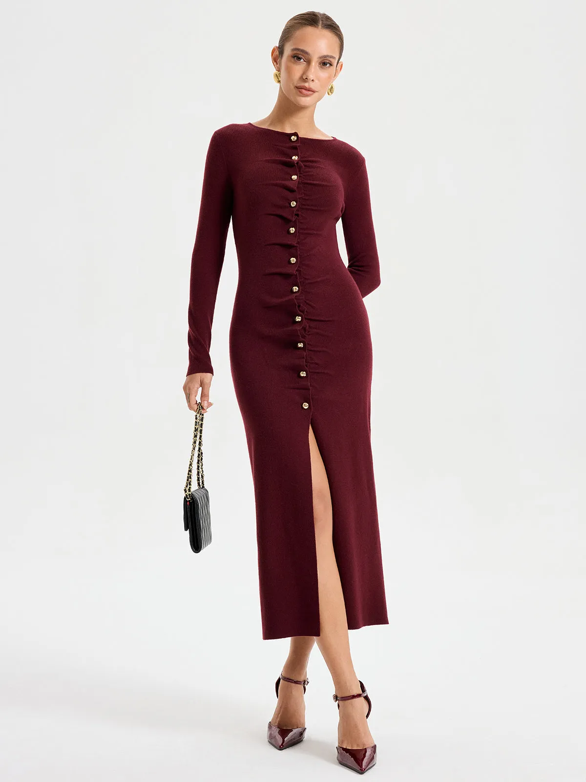 Elegant Long Sleeve Wide Neck Button Front Knit Dress sold by COMMENSE