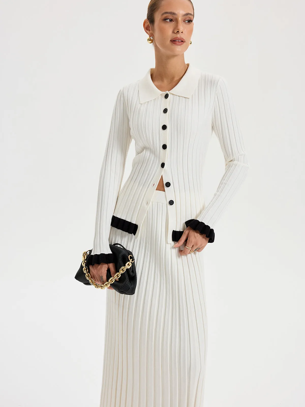 Rib-knit Cardigan with Contrasting Ruffles sold by COMMENSE product image thumbnail 4