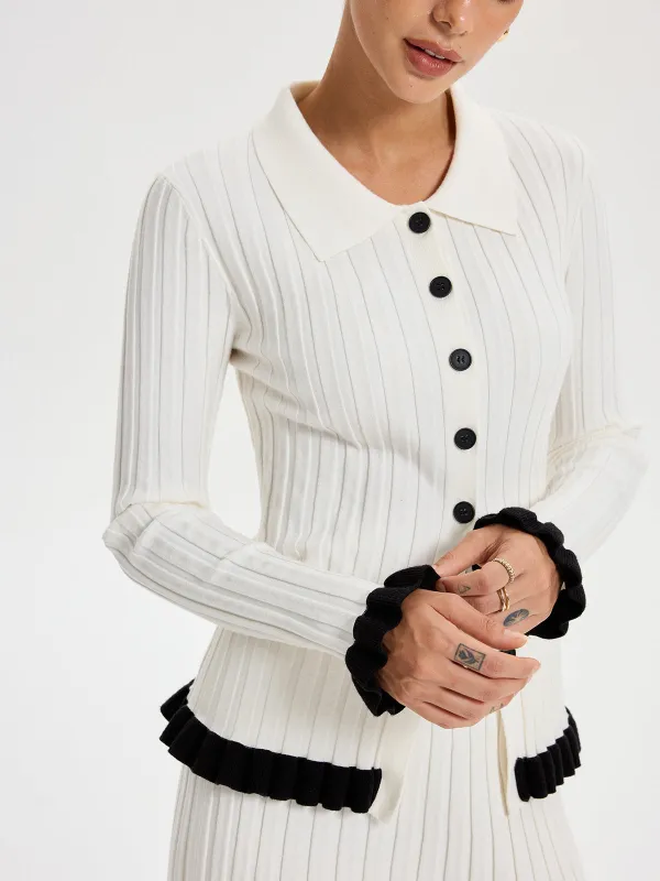 Rib-knit Cardigan with Contrasting Ruffles sold by COMMENSE