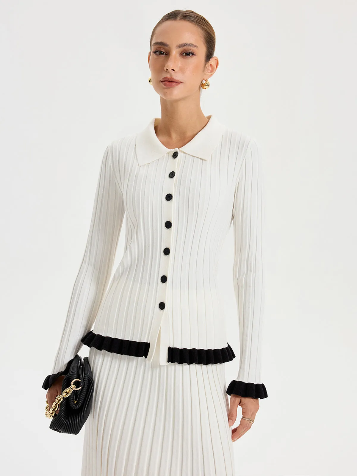 Rib-knit Cardigan with Contrasting Ruffles sold by COMMENSE product image thumbnail 2