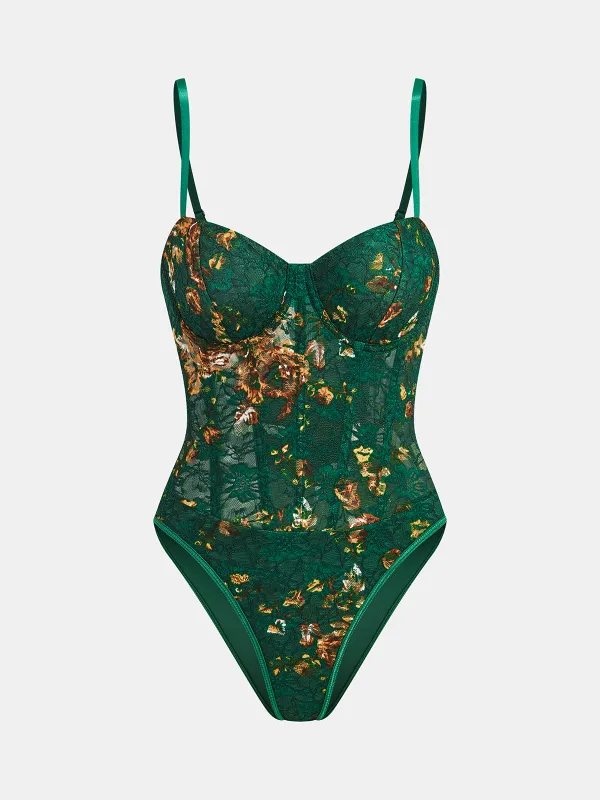 Floral Print Embroidery Bustier Corset Bodysuit sold by COMMENSE