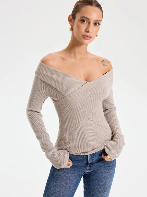 Frenchy Off Shoulder Crossover Sweater sold by COMMENSE