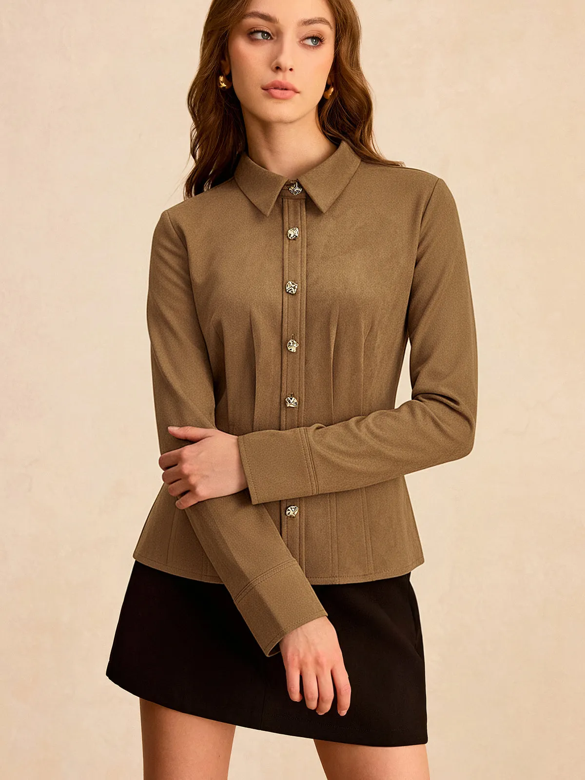 Pleat Collared Suede Shirt sold by COMMENSE