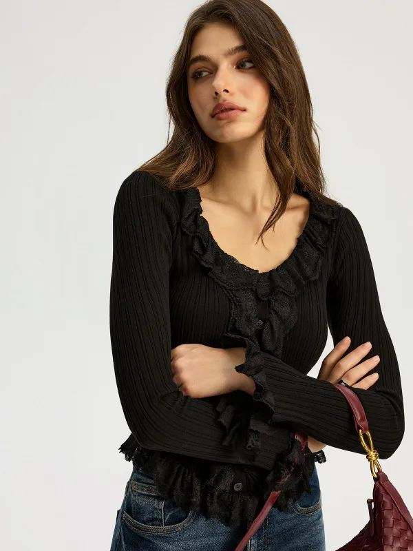Ruffled Ribbed Long-sleeve Knit Top sold by COMMENSE