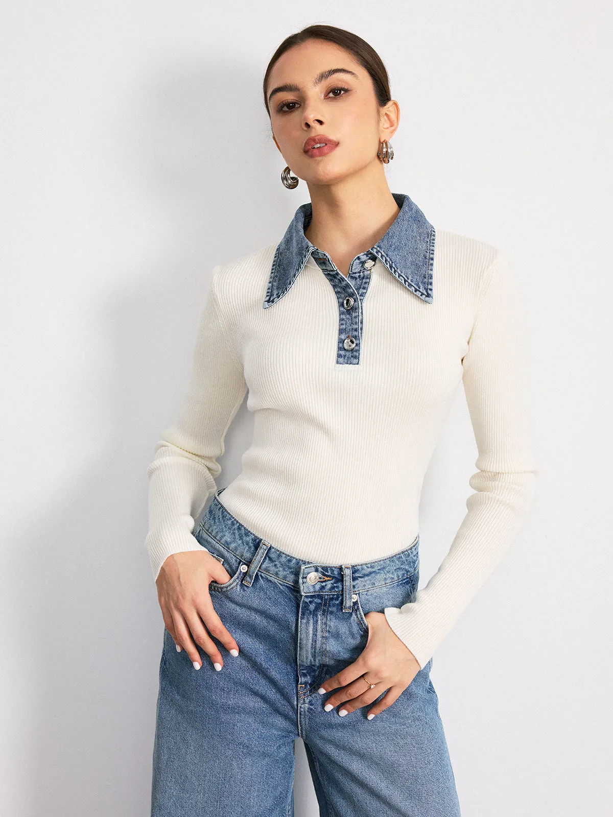 Denim Collar Wool Blend Knit Top sold by COMMENSE product image thumbnail 4