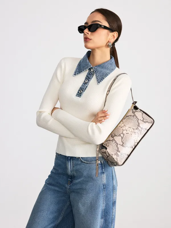 Denim Collar Wool Blend Knit Top sold by COMMENSE