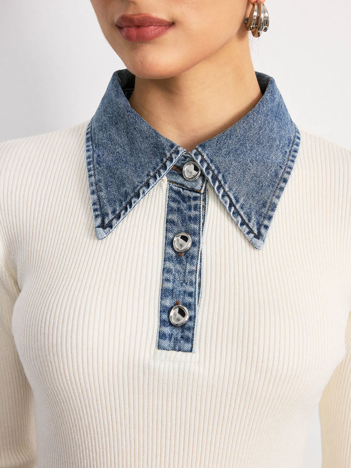 Denim Collar Wool Blend Knit Top sold by COMMENSE product image thumbnail 3