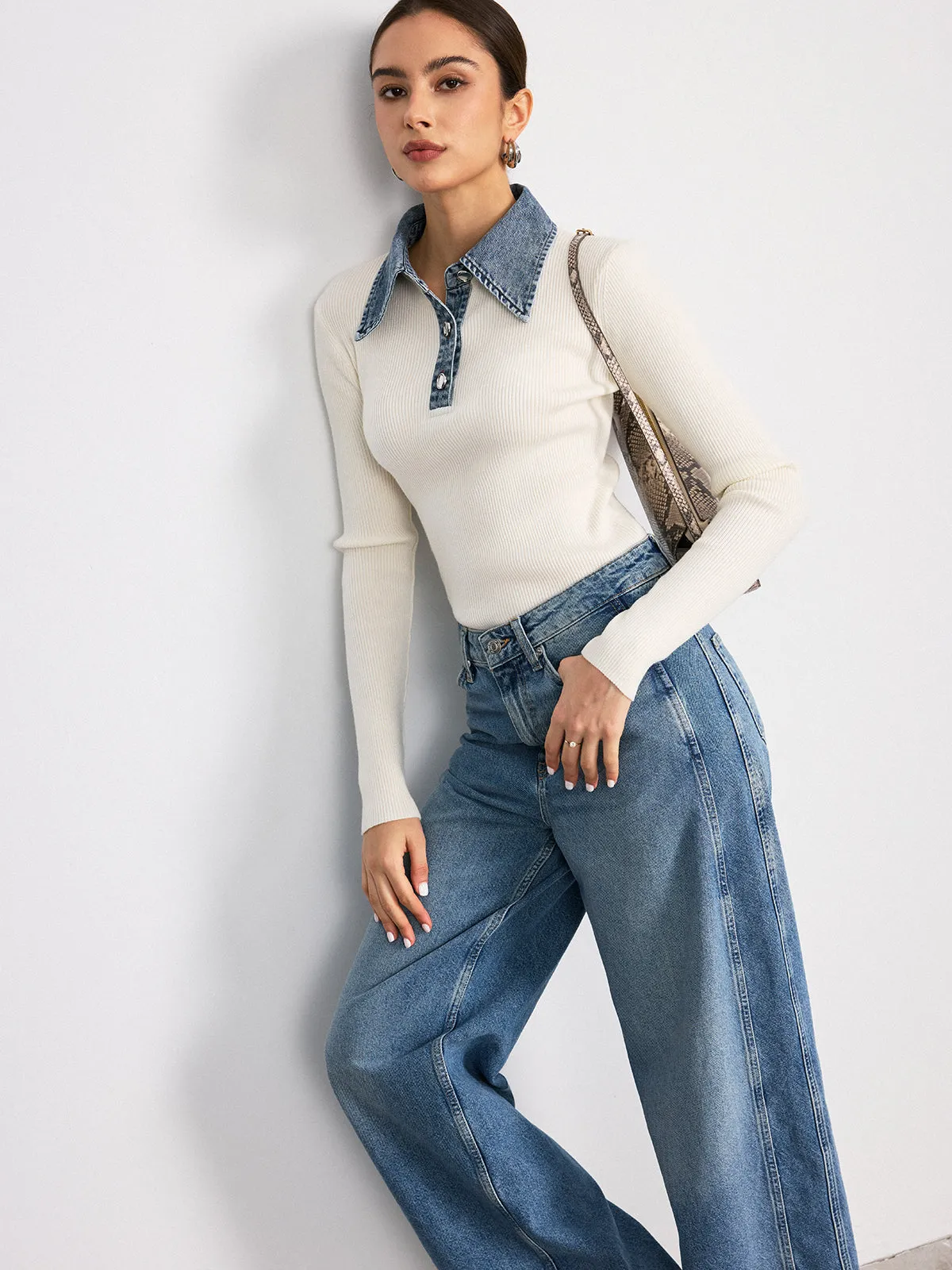 Denim Collar Wool Blend Knit Top sold by COMMENSE product image thumbnail 2