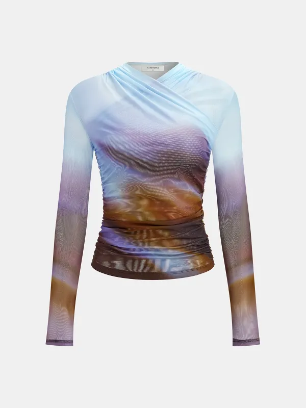 Criss Cross Printed Mesh Long-Sleeve Top sold by COMMENSE