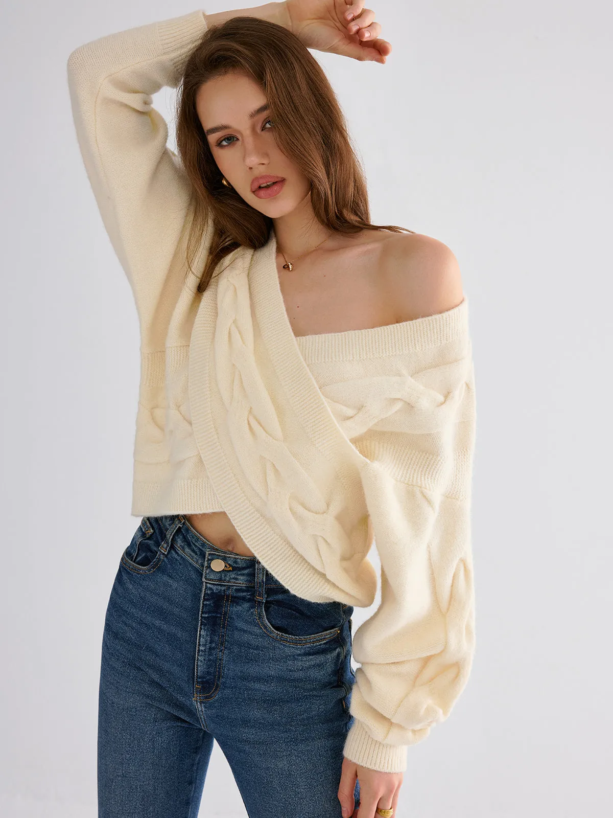 Cable Knit Cross-Front V-Neck Sweater sold by COMMENSE product image thumbnail 2