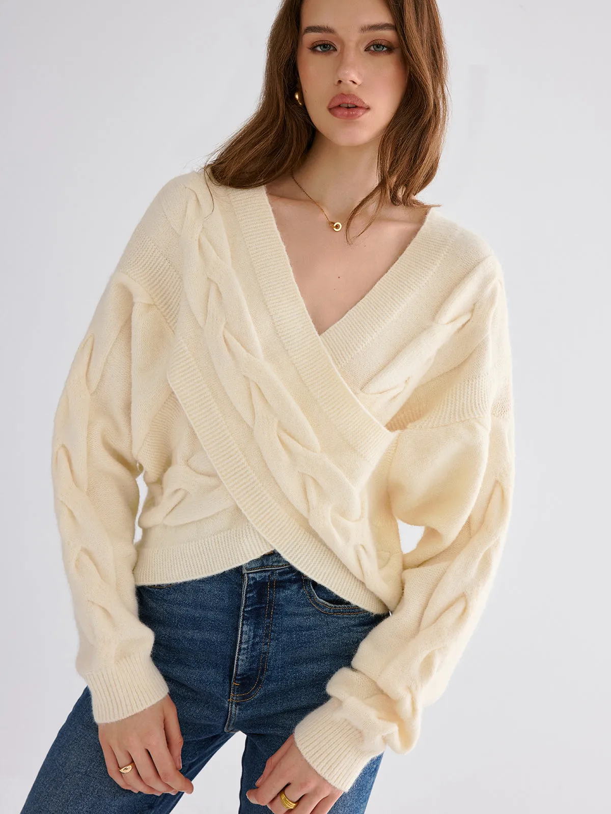 Cable Knit Cross-Front V-Neck Sweater sold by COMMENSE product image thumbnail 4