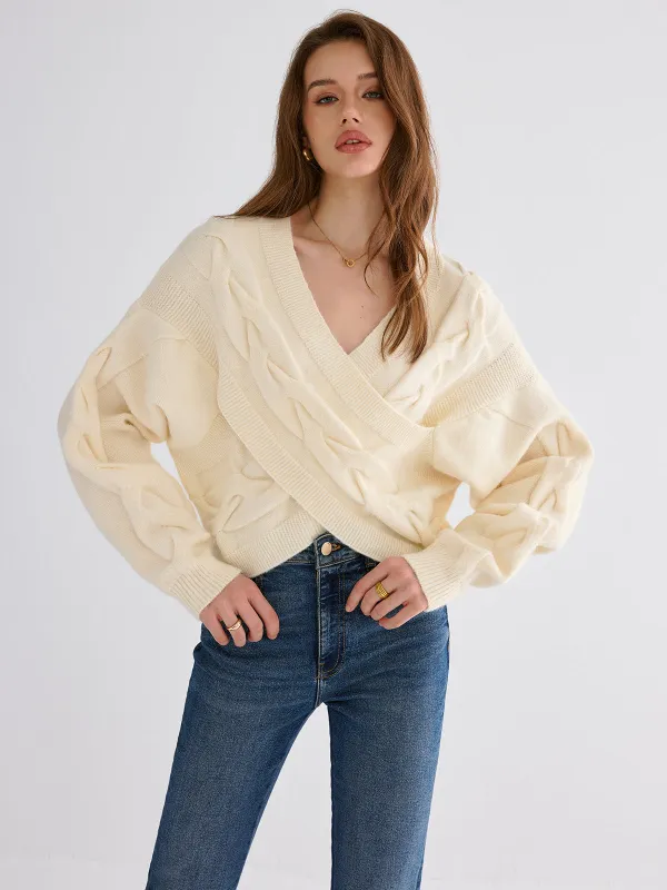 Cable Knit Cross-From V-Neck Sweater sold by COMMENSE