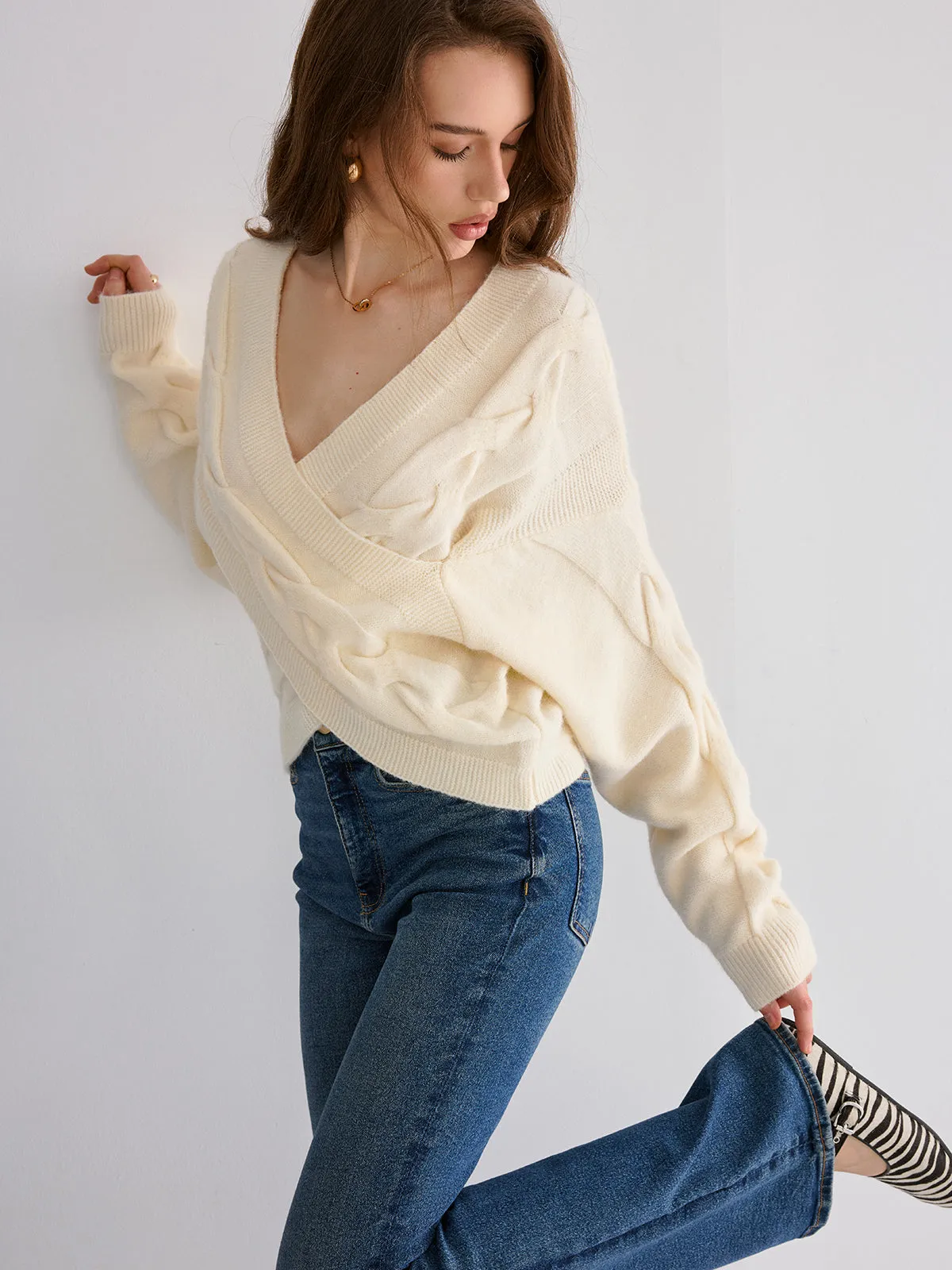 Cable Knit Cross-Front V-Neck Sweater sold by COMMENSE product image thumbnail 5
