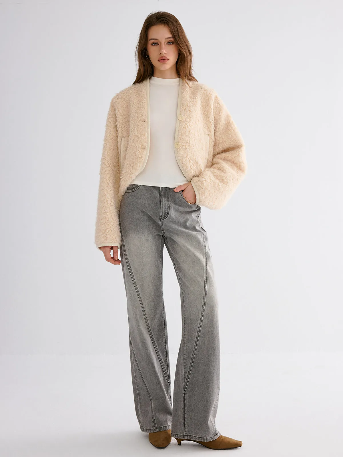 Drop-Shoulder Cropped Fuzzy Coat sold by COMMENSE product image thumbnail 3