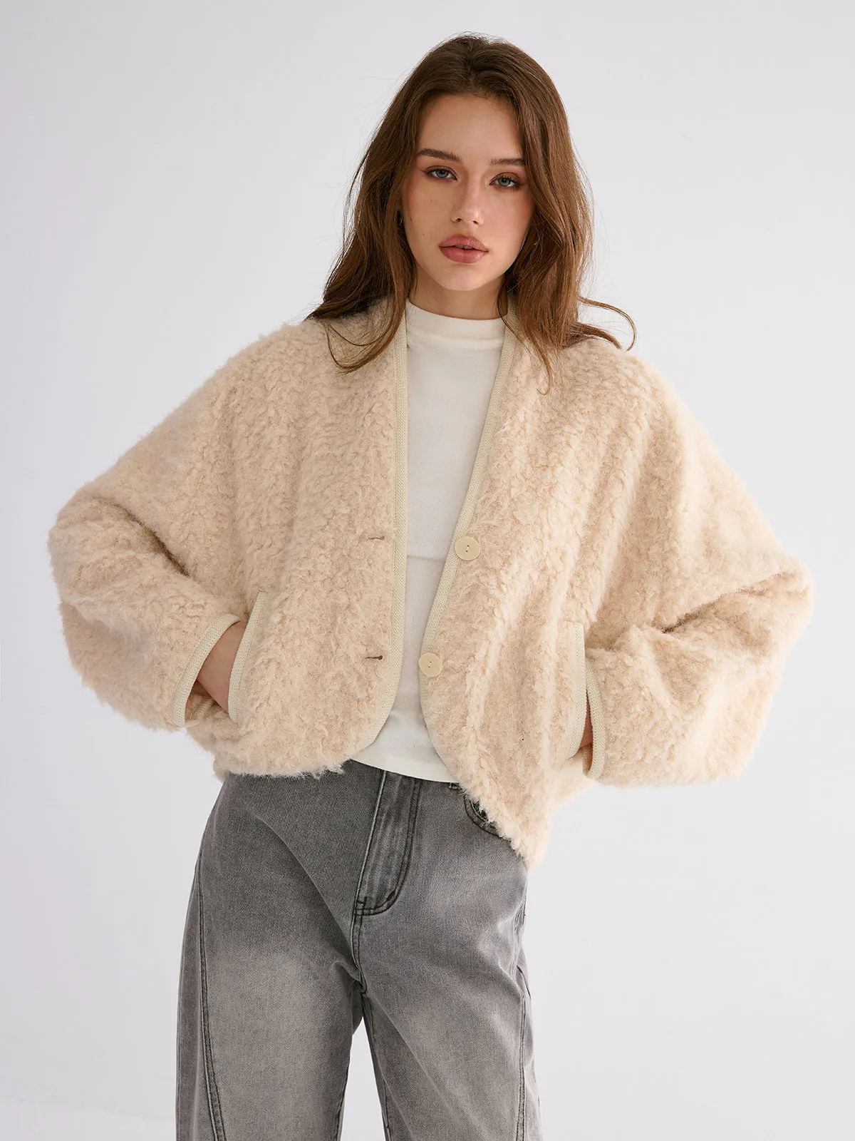 Drop-Shoulder Cropped Fuzzy Coat sold by COMMENSE product image thumbnail 4