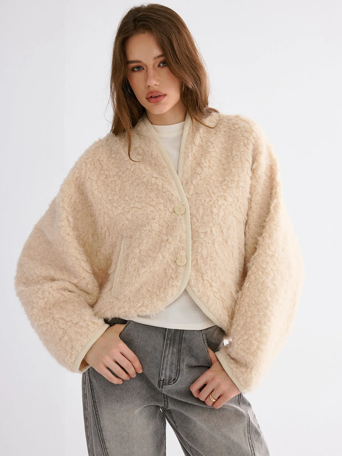 Drop-Shoulder Cropped Fuzzy Coat sold by COMMENSE product image thumbnail 5
