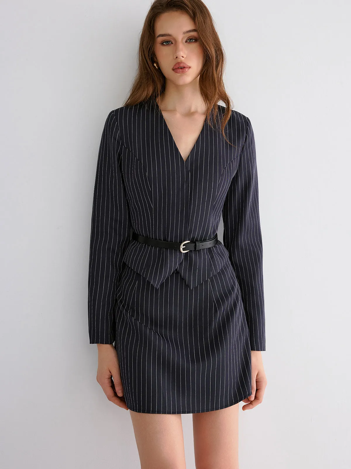 Pinstripe V-Neck Belted Blazer and Skirt Set sold by COMMENSE product image thumbnail 3