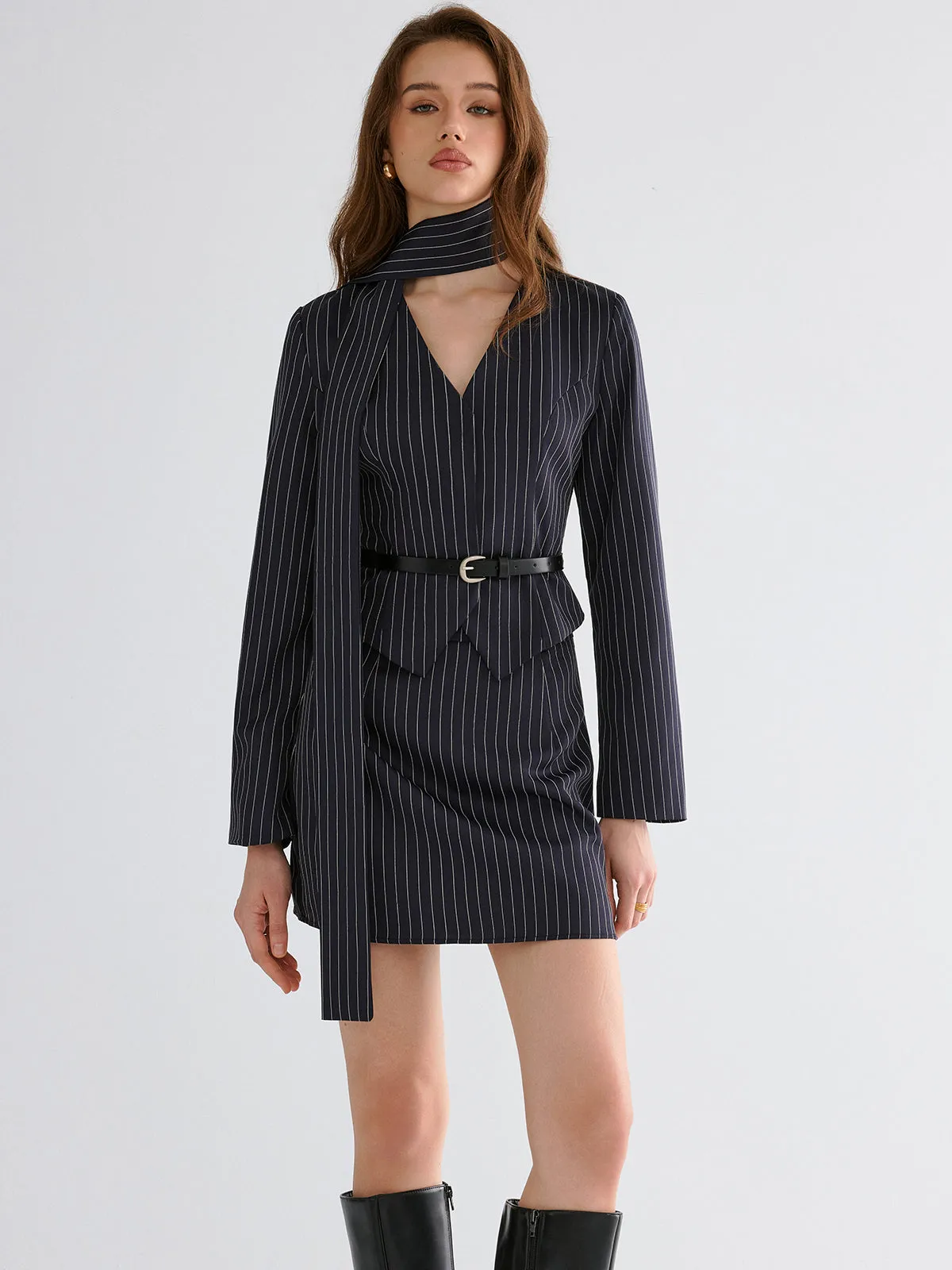 Pinstripe V-Neck Belted Blazer and Skirt Set sold by COMMENSE product image thumbnail 4