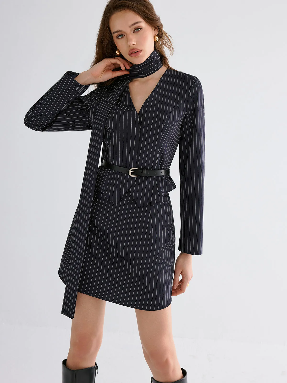 Pinstripe V-Neck Belted Blazer and Skirt Set sold by COMMENSE