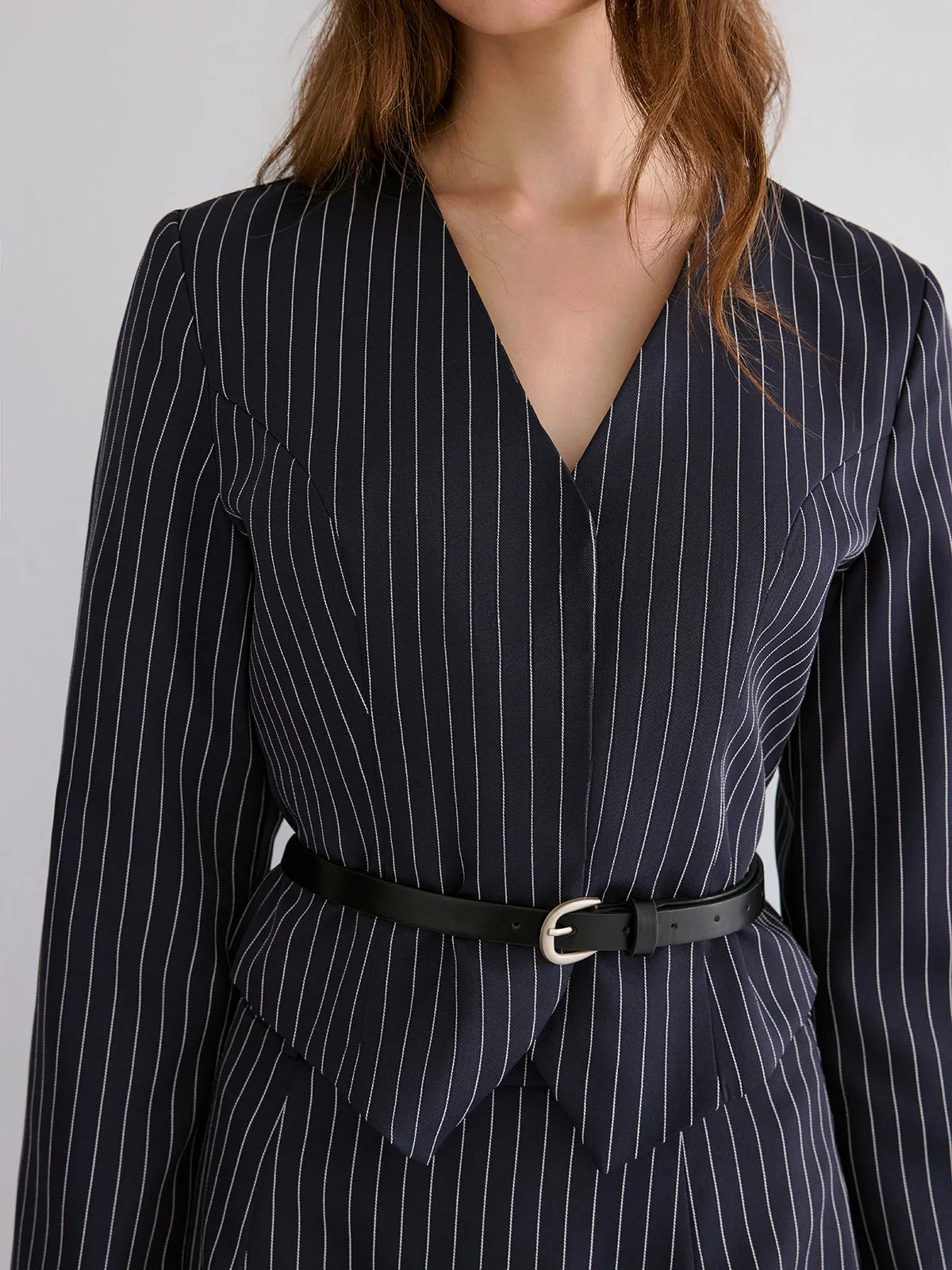 Pinstripe V-Neck Belted Blazer and Skirt Set sold by COMMENSE product image thumbnail 5