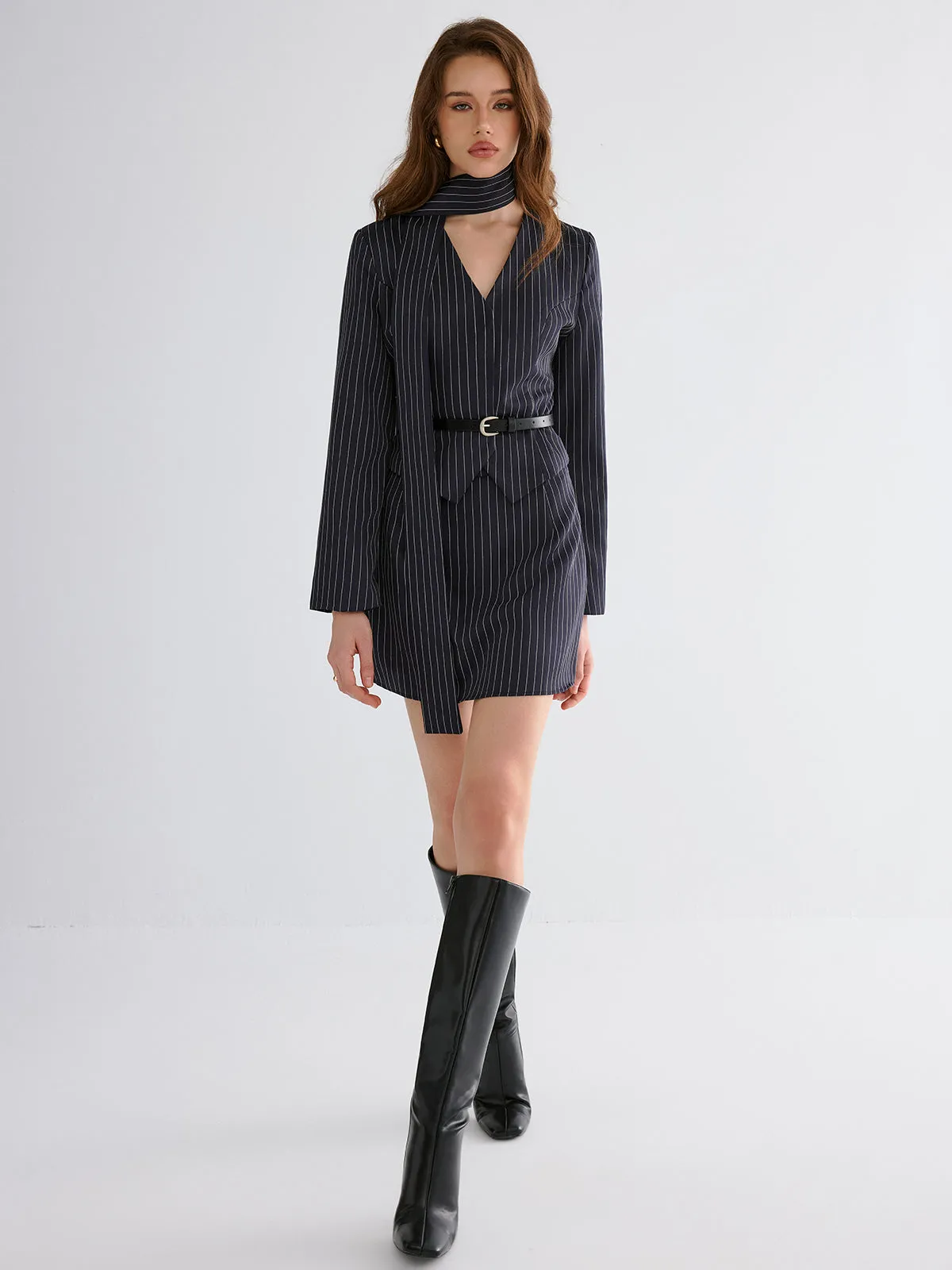 Pinstripe V-Neck Belted Blazer and Skirt Set sold by COMMENSE product image thumbnail 2