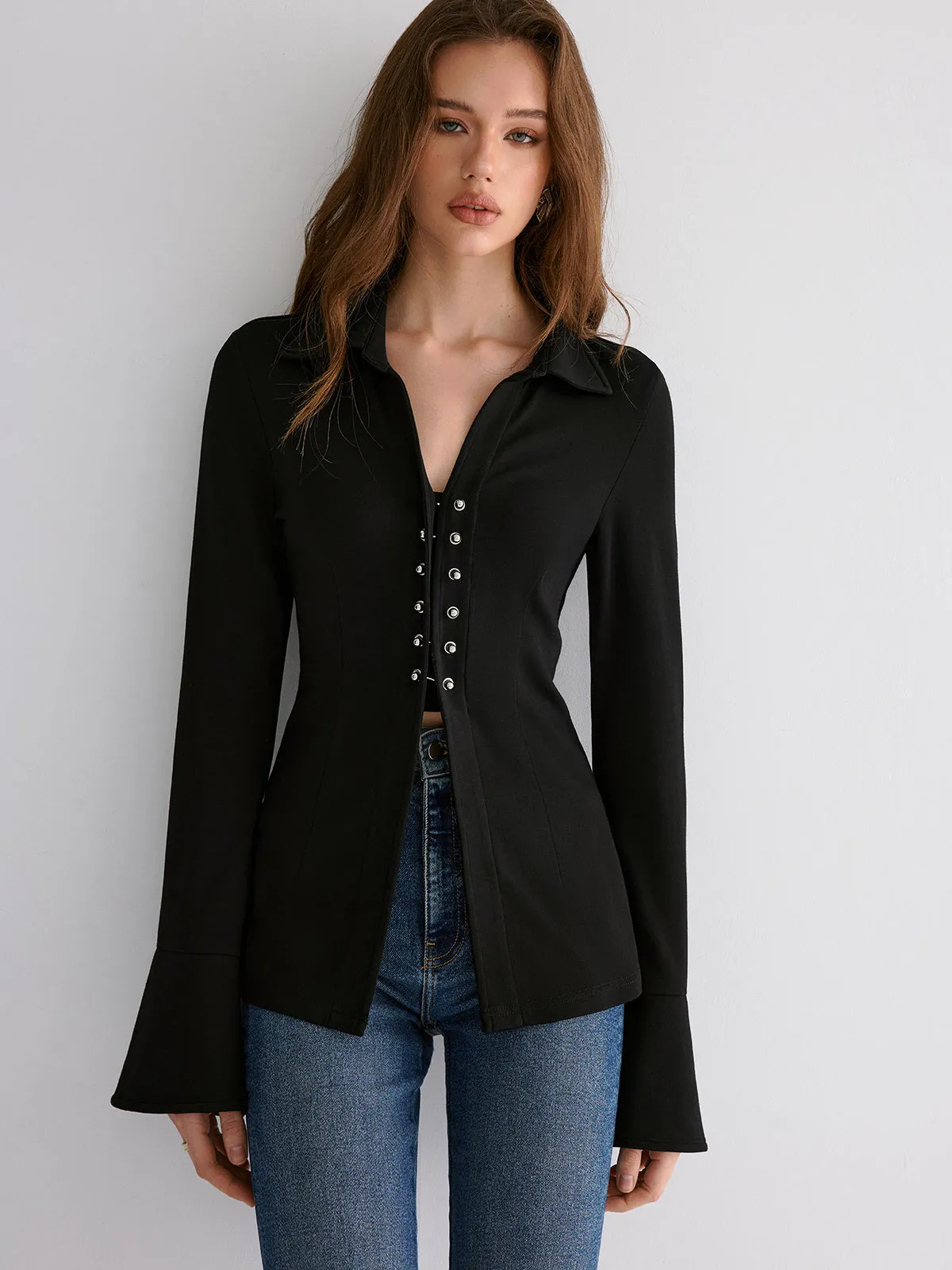 Flared Cuff Collared Blouse sold by COMMENSE