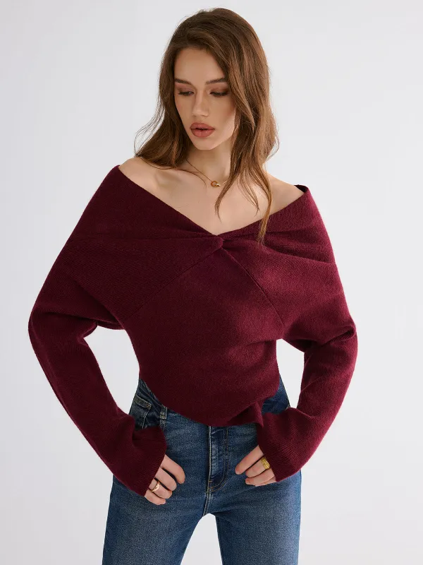Off-Shoulder Twisted Knit Top sold by COMMENSE