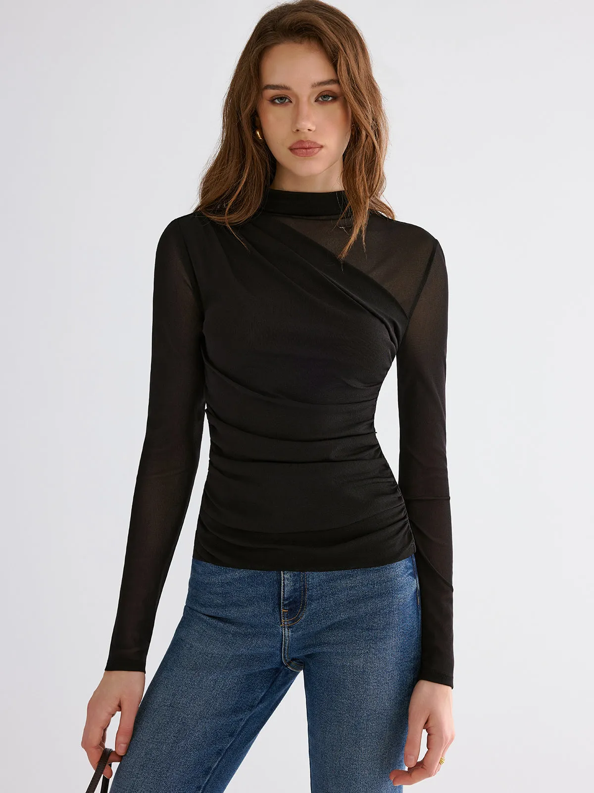 Mesh Paneled Ruched Long Sleeve Knit Top sold by COMMENSE