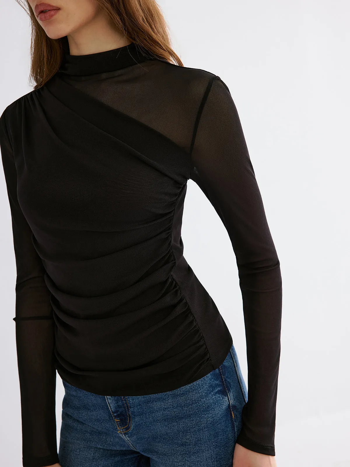 Mesh Paneled Ruched Long Sleeve Knit Top sold by COMMENSE product image thumbnail 2
