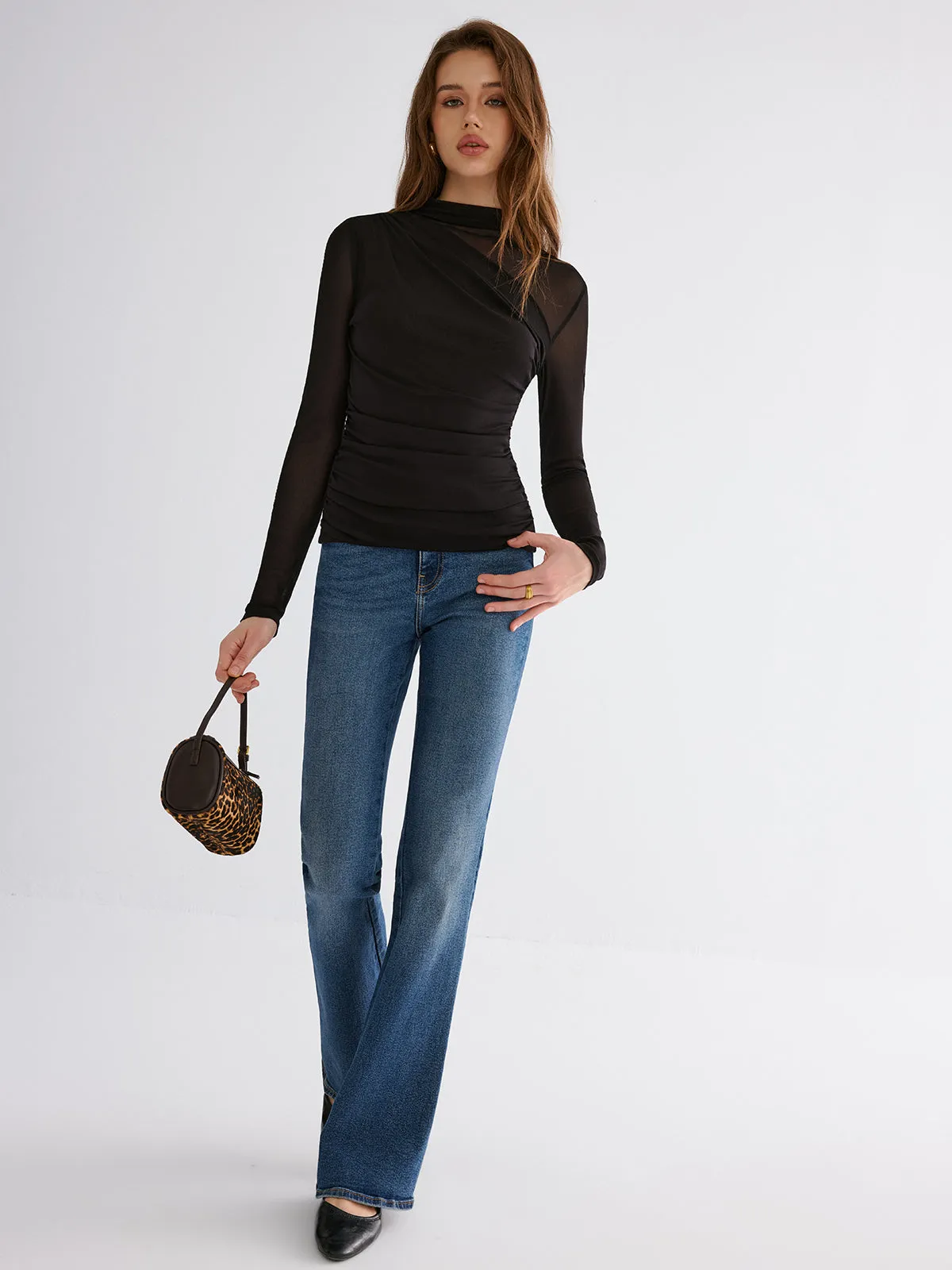 Mesh Paneled Ruched Long Sleeve Knit Top sold by COMMENSE product image thumbnail 3