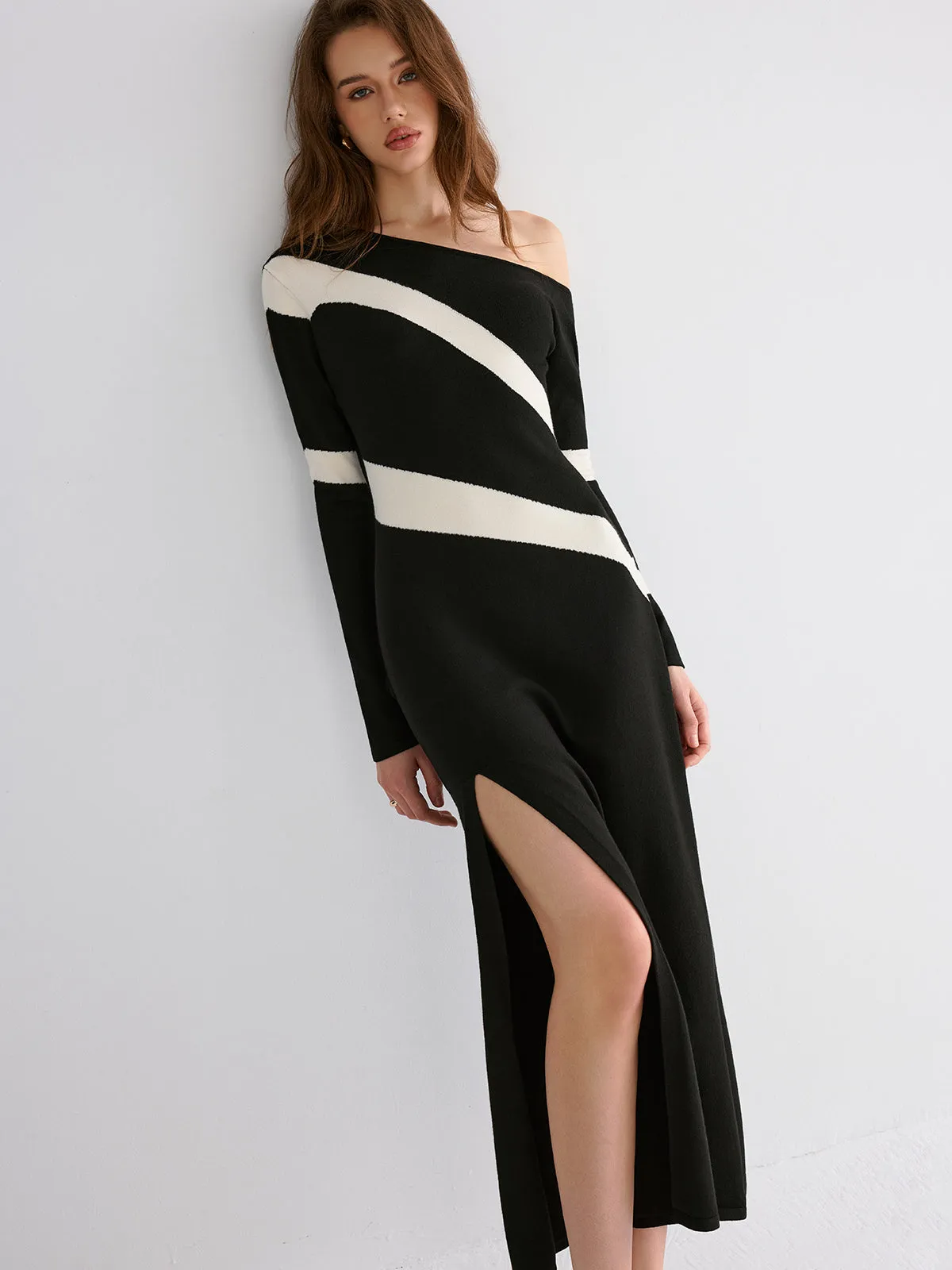 Striped Slit Off-Shoulder Maxi Dress sold by COMMENSE