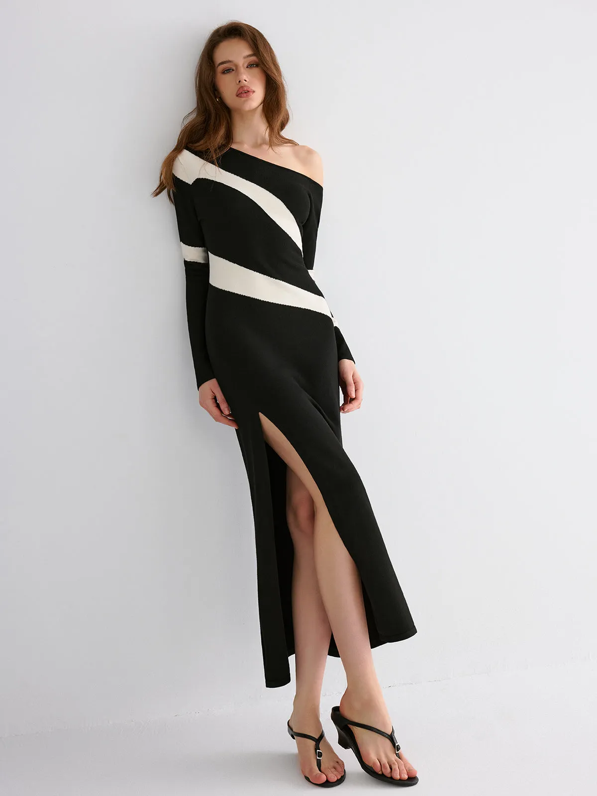 Striped Slit Off-Shoulder Maxi Dress sold by COMMENSE product image thumbnail 5