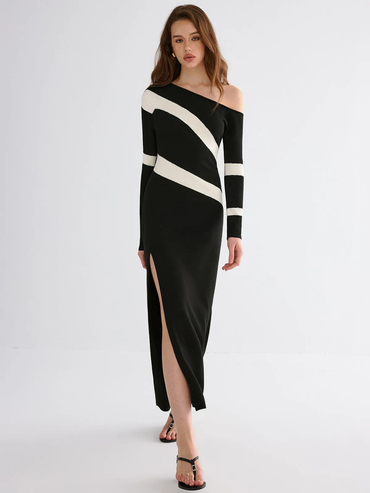 Striped Slit Off-Shoulder Maxi Dress sold by COMMENSE product image thumbnail 2