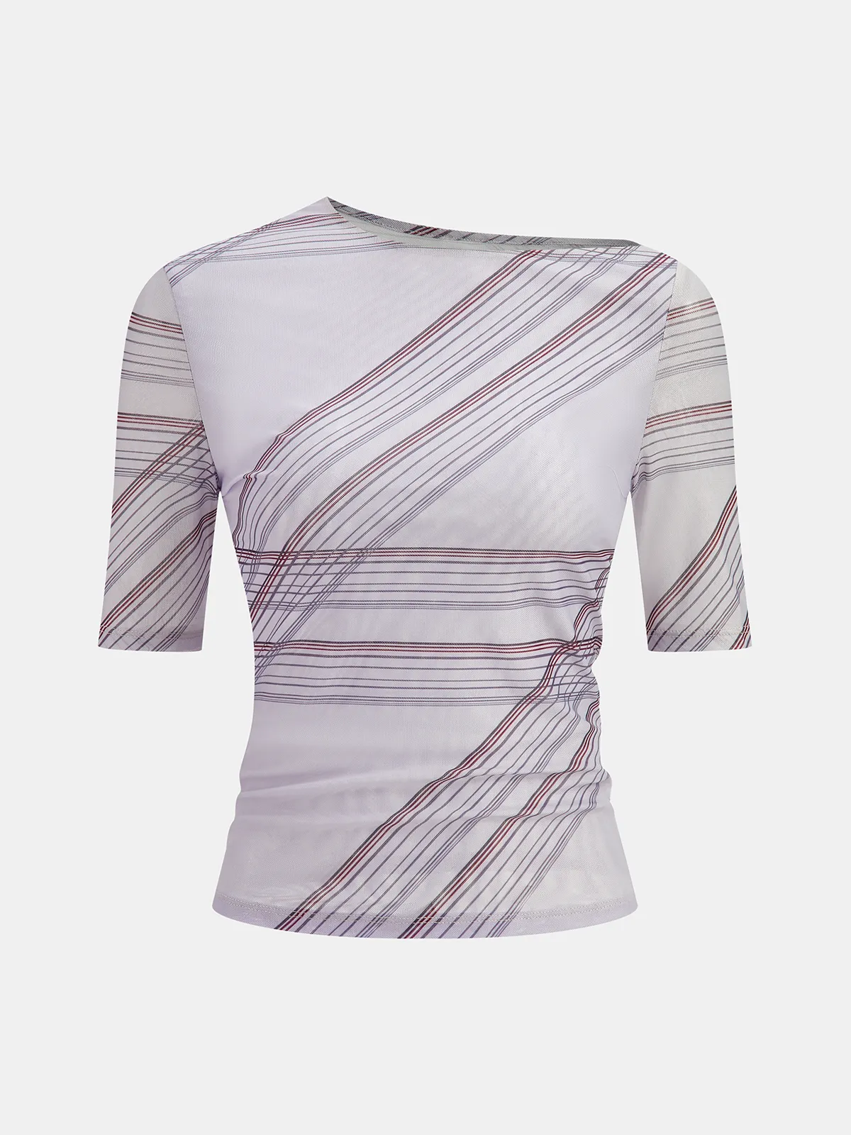 Asymmetric Neck Striped Mesh Top sold by COMMENSE